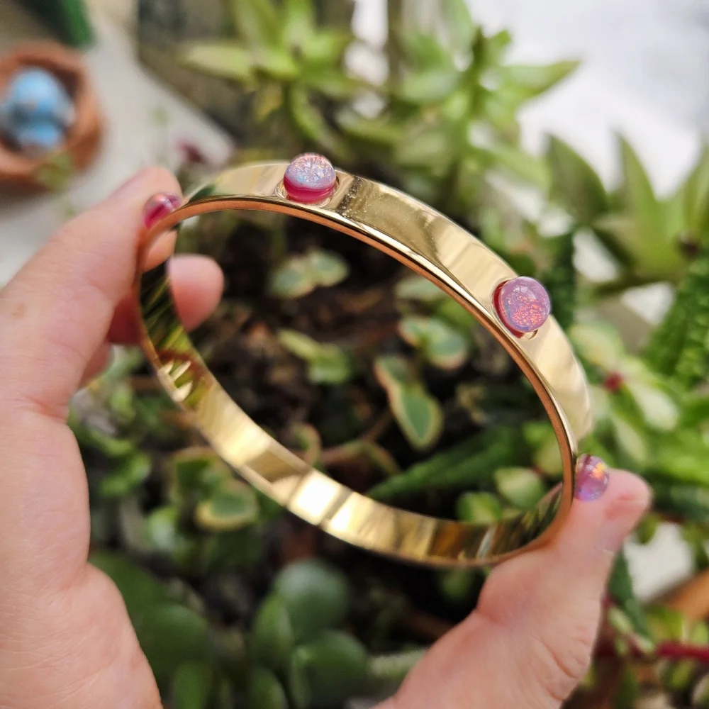 Vintage Gold Pink Triplet Opal Cabochon Bangle Bracelet